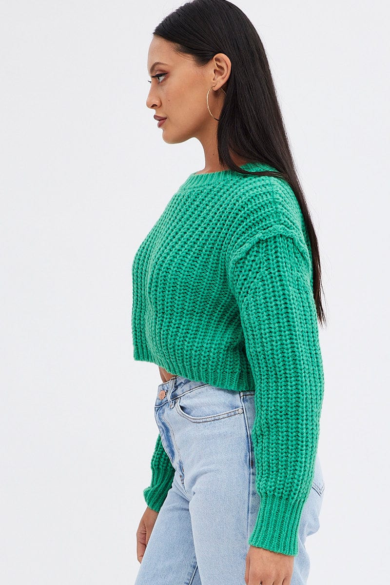 Green Knit Top Round Neck Long Sleeve Crop for Ally Fashion