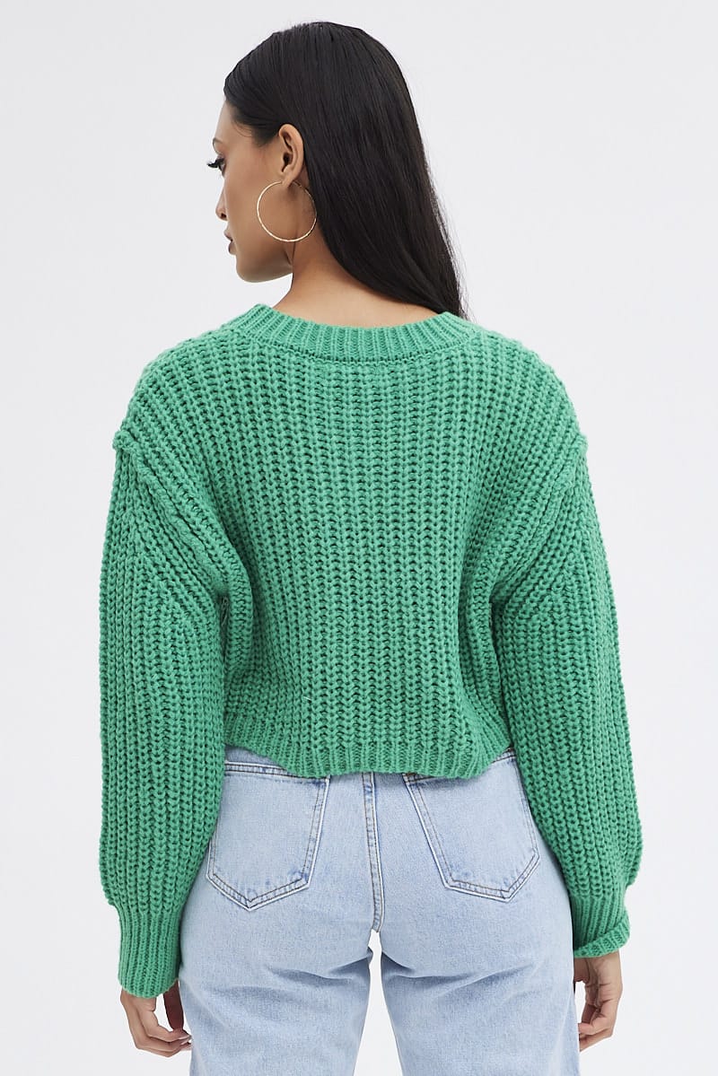 Green Knit Top Round Neck Long Sleeve Crop for Ally Fashion