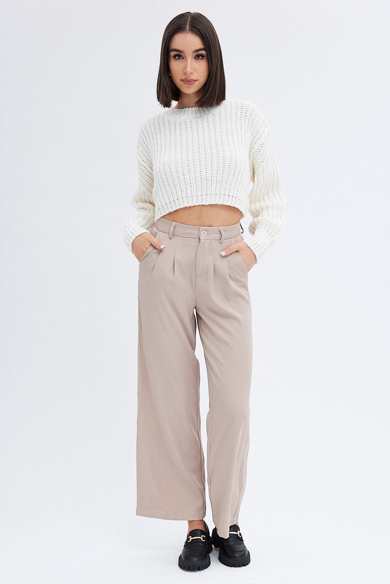 White Knit Top Round Neck Long Sleeve Crop for Ally Fashion