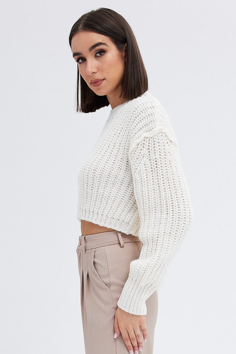 White Knit Top Round Neck Long Sleeve Crop for Ally Fashion