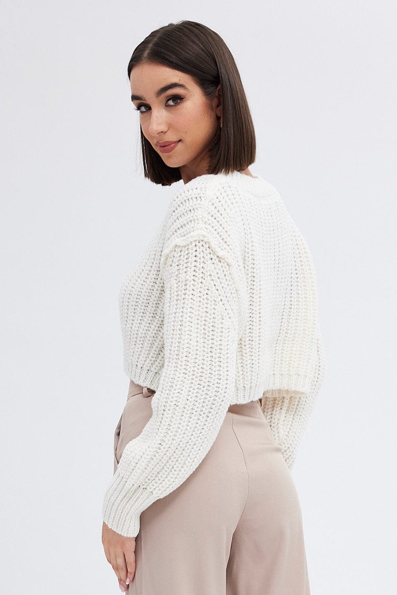 White Knit Top Round Neck Long Sleeve Crop for Ally Fashion