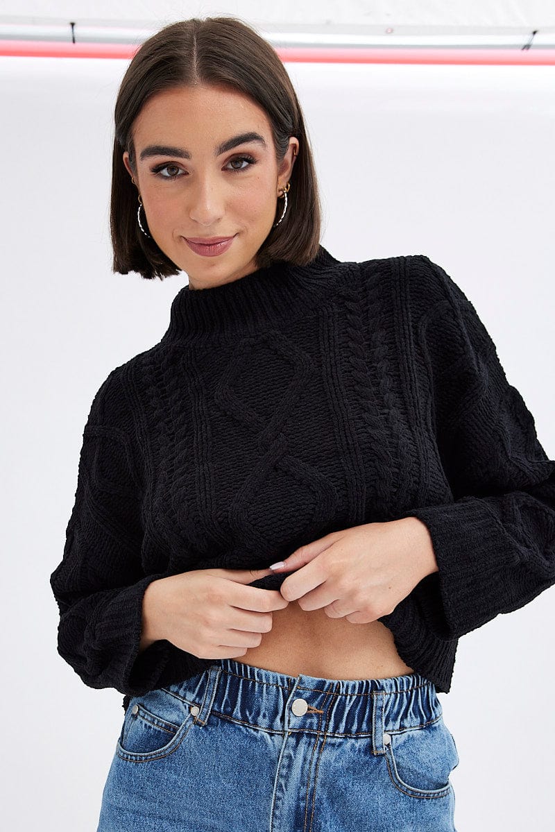 Black Cable Knit Jumper Long Sleeve | Ally Fashion