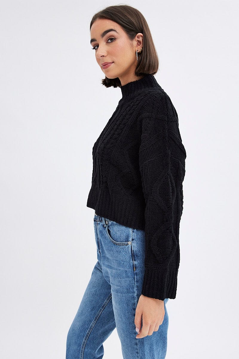 Black Cable Knit Jumper Long Sleeve for Ally Fashion