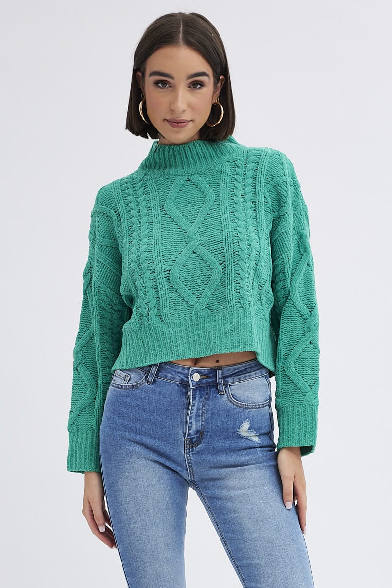 Green Cable Knit Jumper Long Sleeve for Ally Fashion