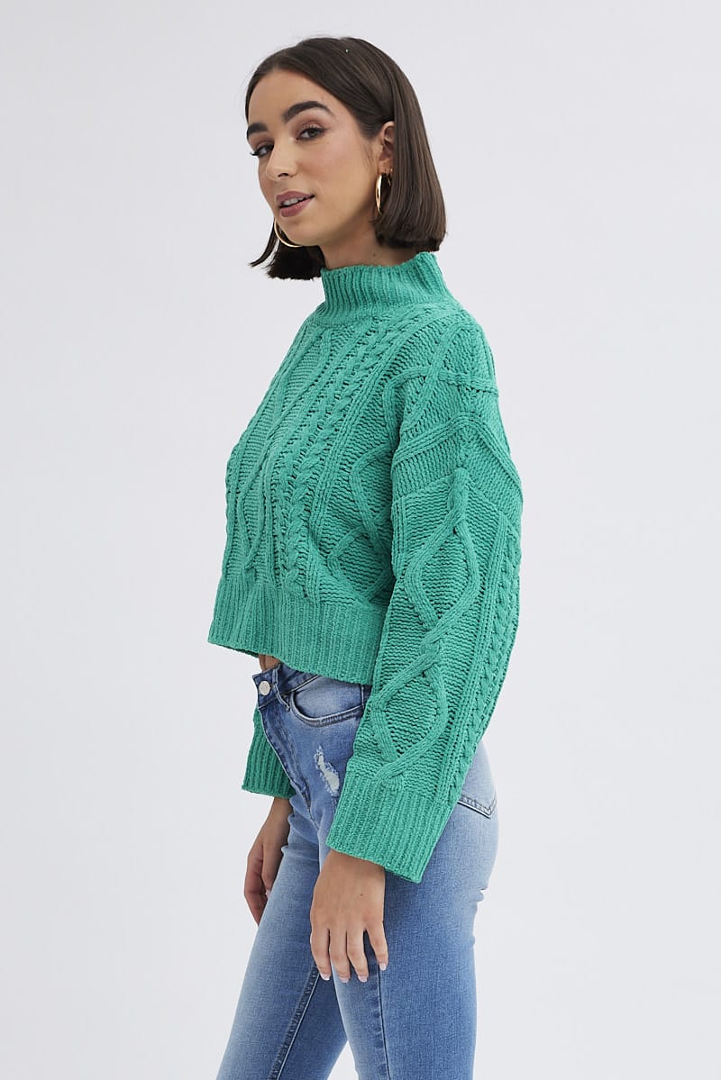 Green Cable Knit Jumper Long Sleeve for Ally Fashion