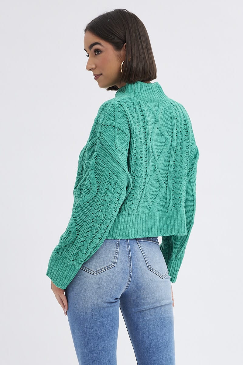 Green Cable Knit Jumper Long Sleeve for Ally Fashion