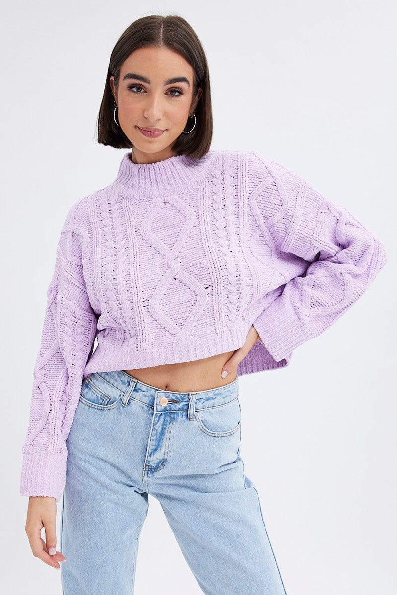 Purple Cable Knit Jumper Long Sleeve for Ally Fashion