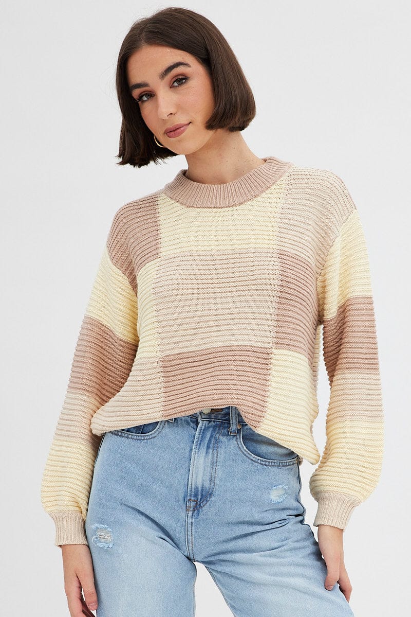 Beige Knit Top Round Neck Long Sleeve Patchwork for Ally Fashion