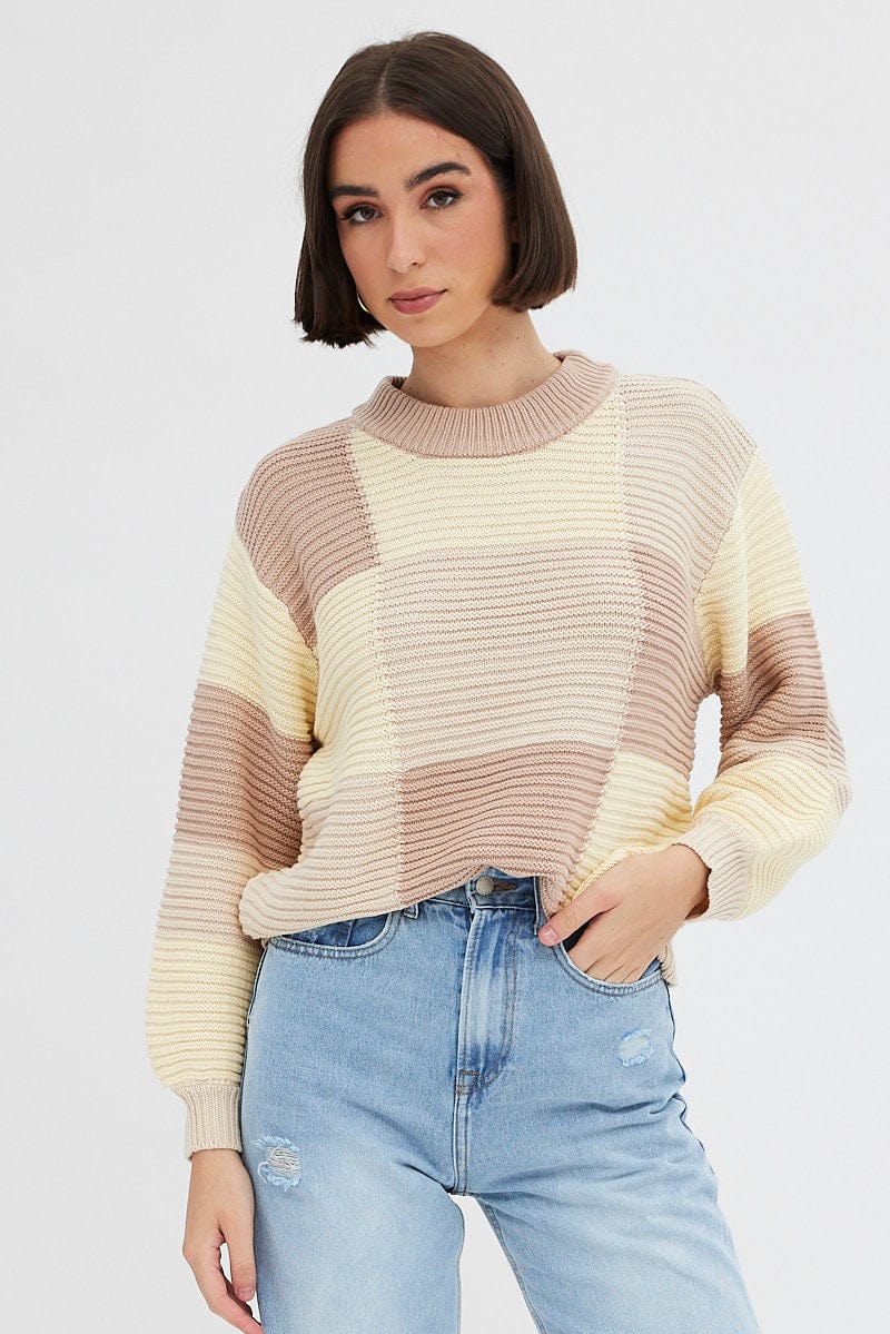 Beige Knit Top Round Neck Long Sleeve Patchwork for Ally Fashion