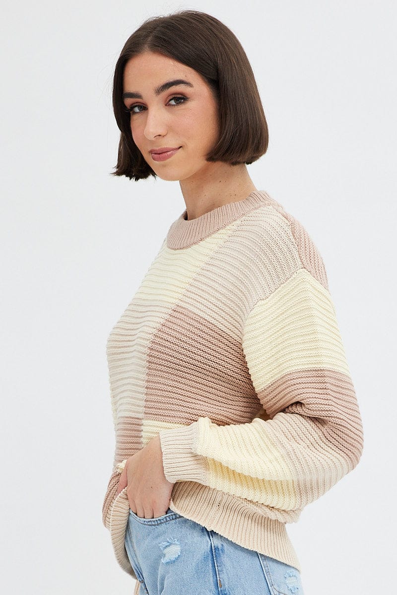 Beige Knit Top Round Neck Long Sleeve Patchwork for Ally Fashion