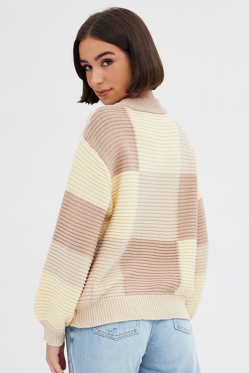 Beige Knit Top Round Neck Long Sleeve Patchwork for Ally Fashion