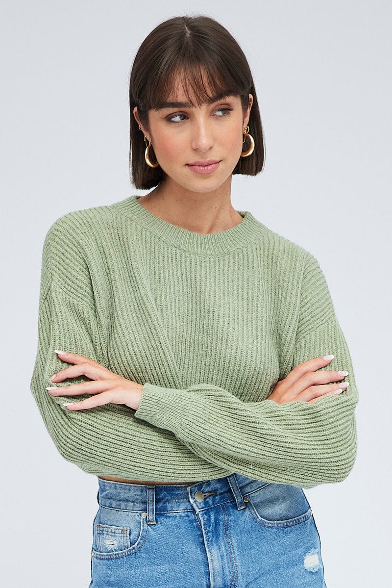 Green Knit Jumper Round Neck Long Sleeve Crop | Ally Fashion