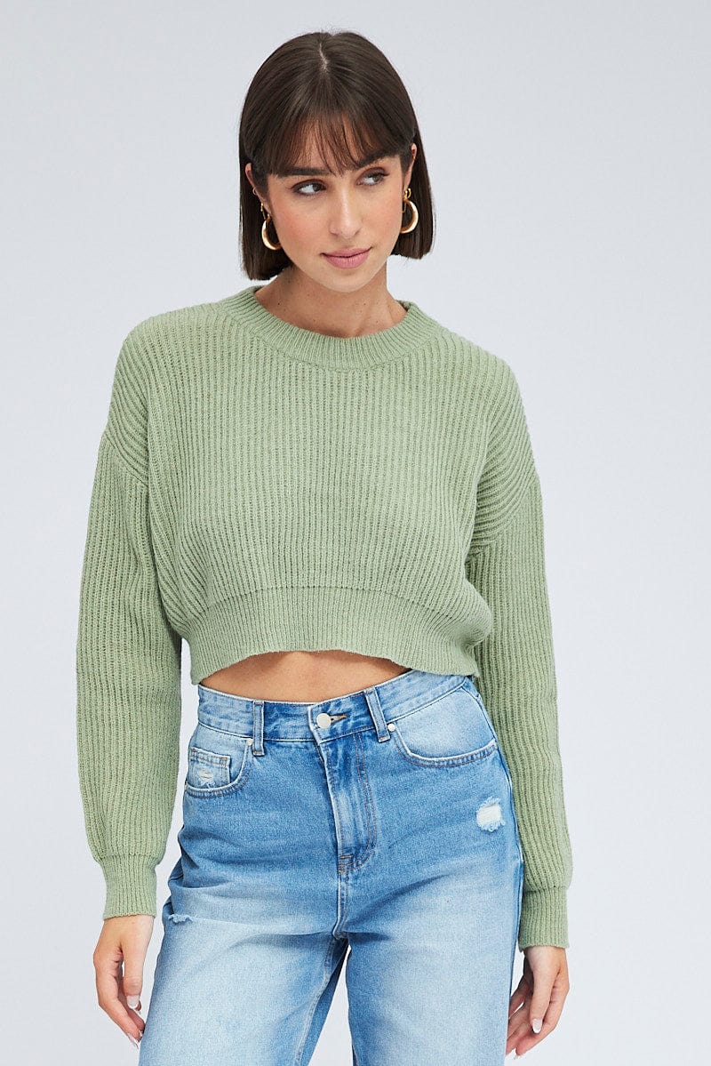 Green Knit Jumper Round Neck Long Sleeve Crop for Ally Fashion