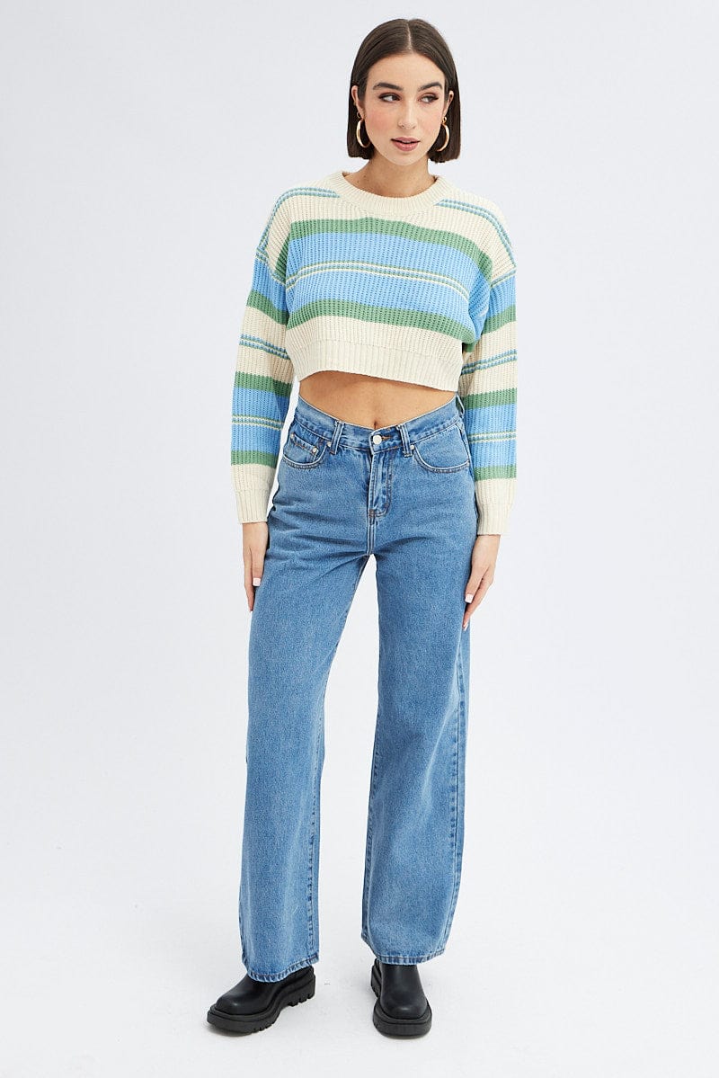 Blue Stripe Knit Jumper Long Sleeve Crop for Ally Fashion