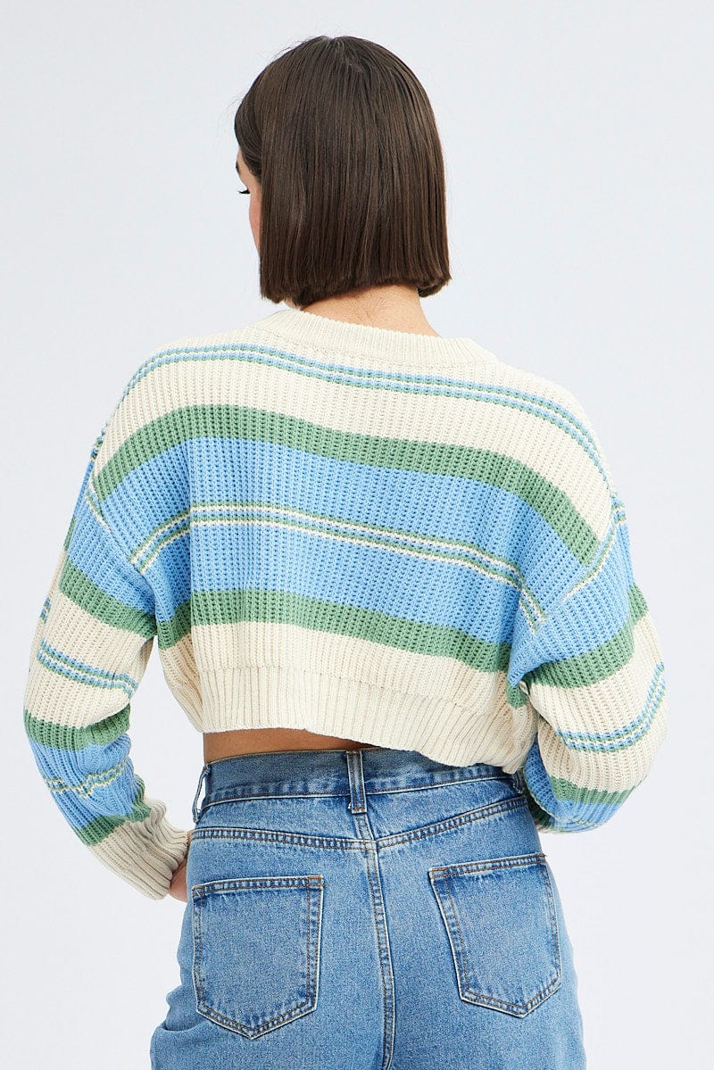 Blue Stripe Knit Jumper Long Sleeve Crop for Ally Fashion