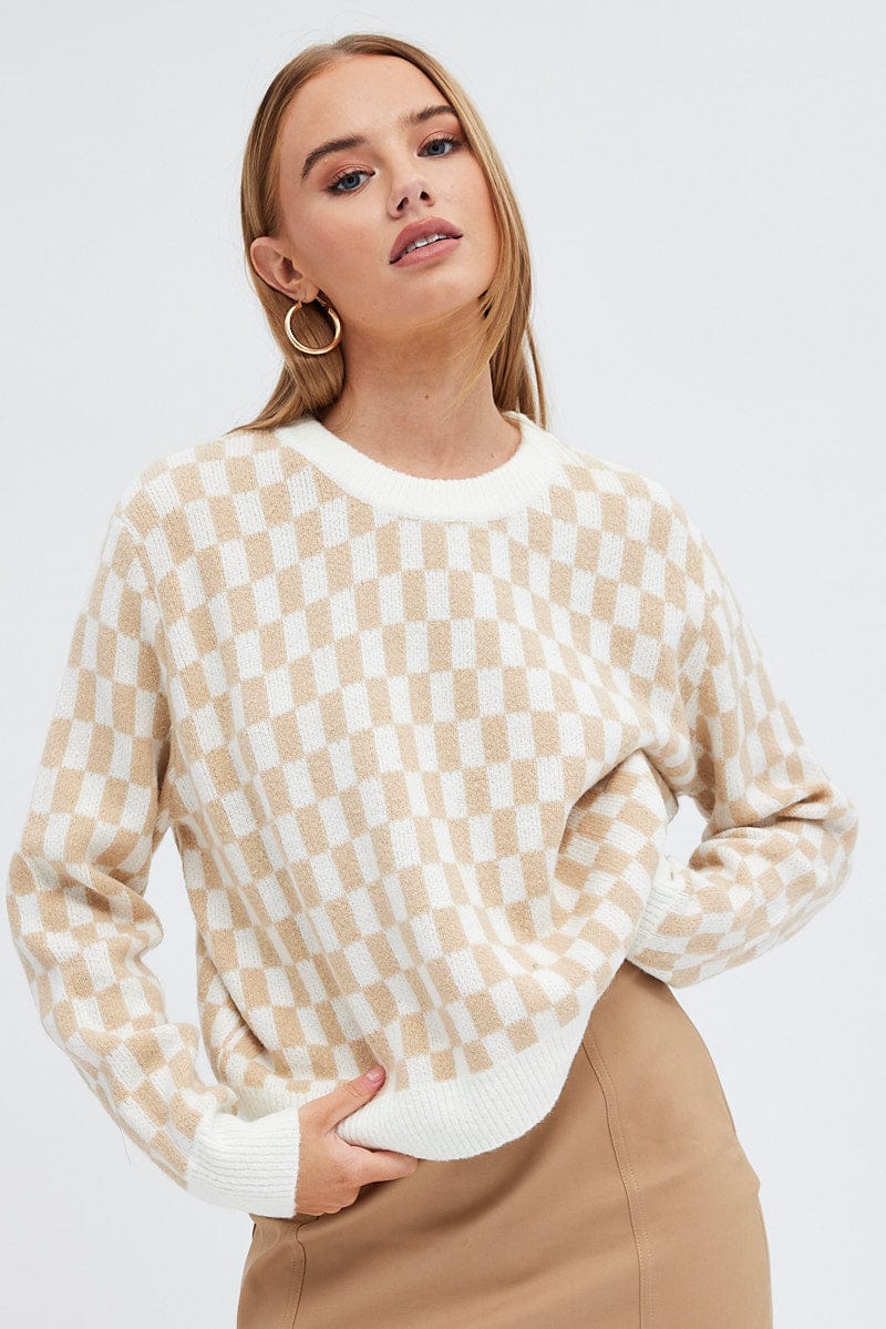 Beige Check Knit Jumper Long Sleeve for Ally Fashion