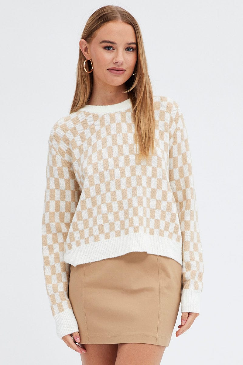 Beige Check Knit Jumper Long Sleeve for Ally Fashion