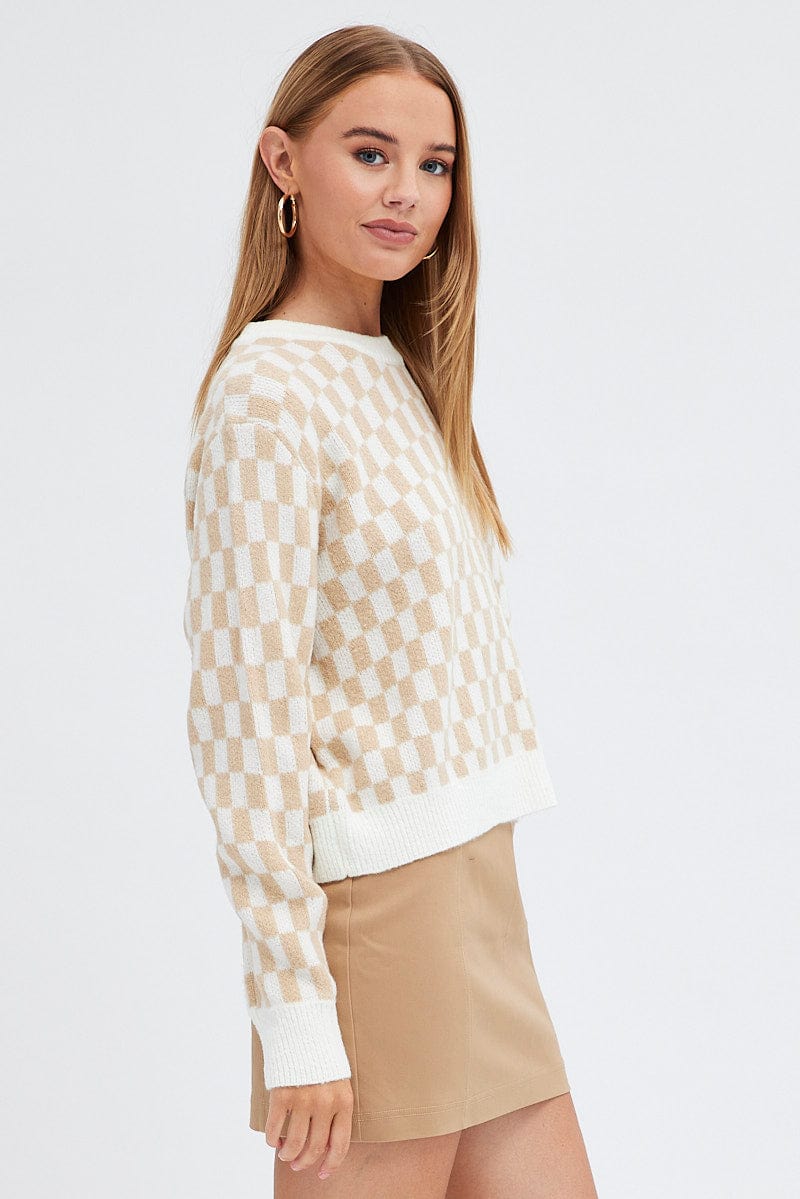 Beige Check Knit Jumper Long Sleeve for Ally Fashion