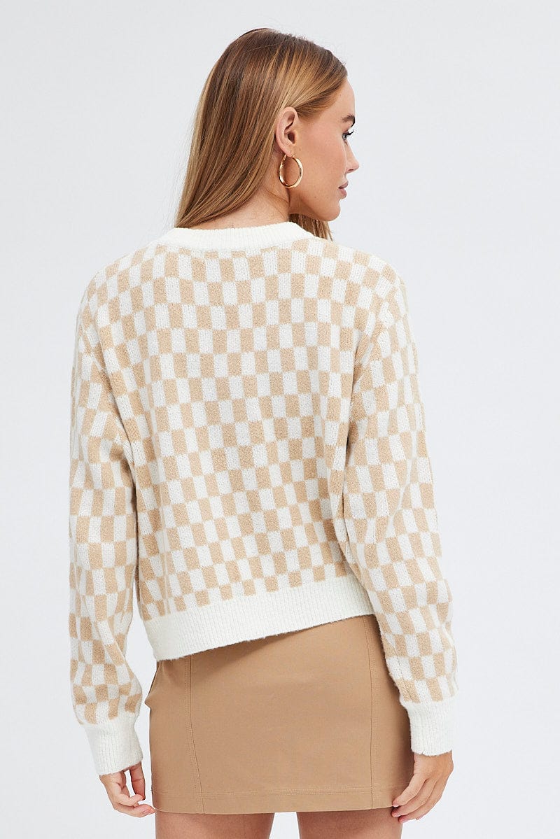 Beige Check Knit Jumper Long Sleeve for Ally Fashion