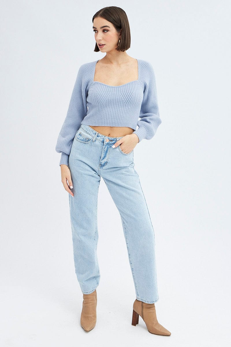 Blue Knit Top Sweet Heart Neck Volume Sleeve Crop for Ally Fashion