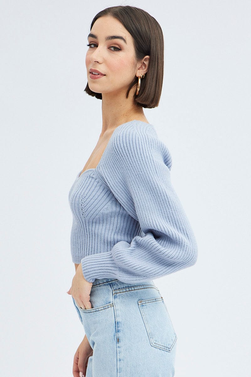 Blue Knit Top Sweet Heart Neck Volume Sleeve Crop for Ally Fashion