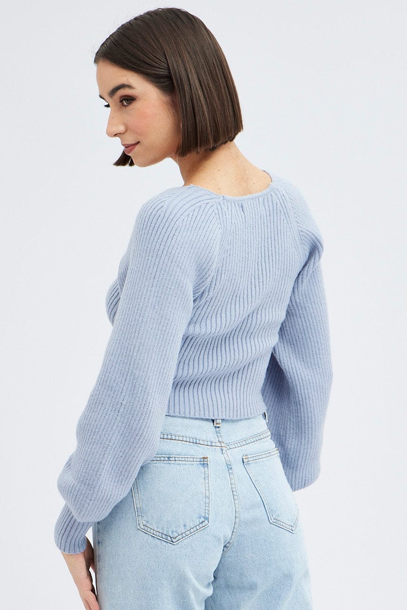 Blue Knit Top Sweet Heart Neck Volume Sleeve Crop for Ally Fashion