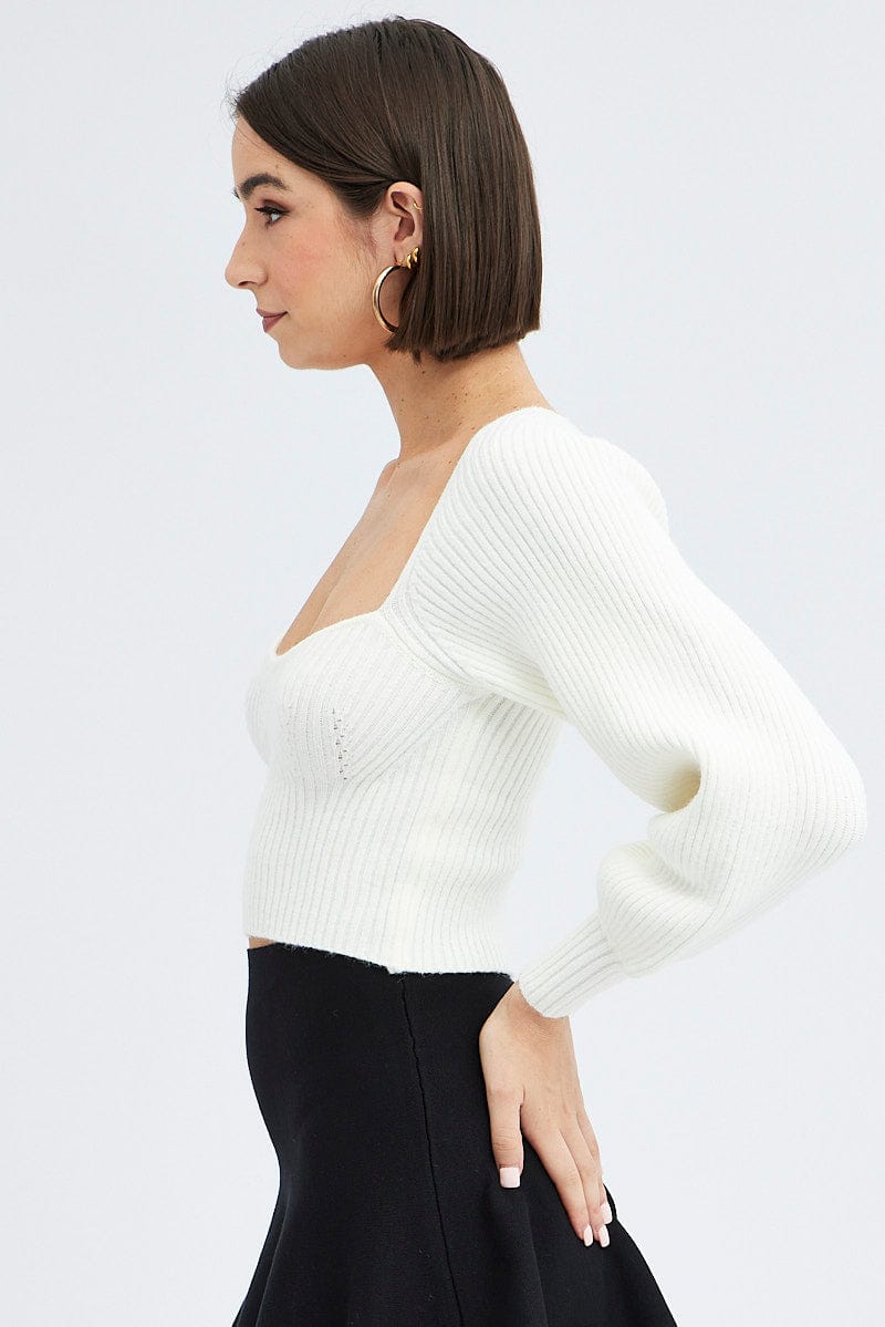 White Knit Top Sweet Heart Neck Volume Sleeve Crop for Ally Fashion