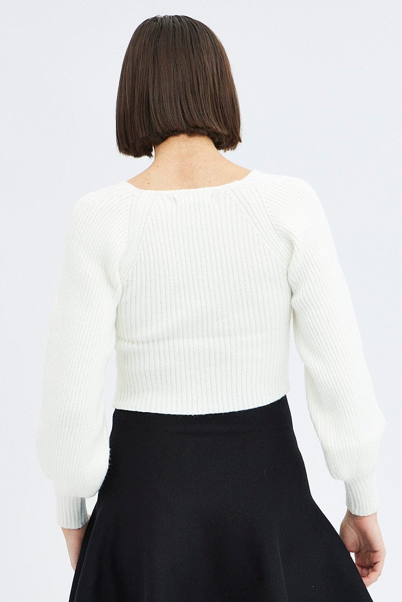 White Knit Top Sweet Heart Neck Volume Sleeve Crop for Ally Fashion