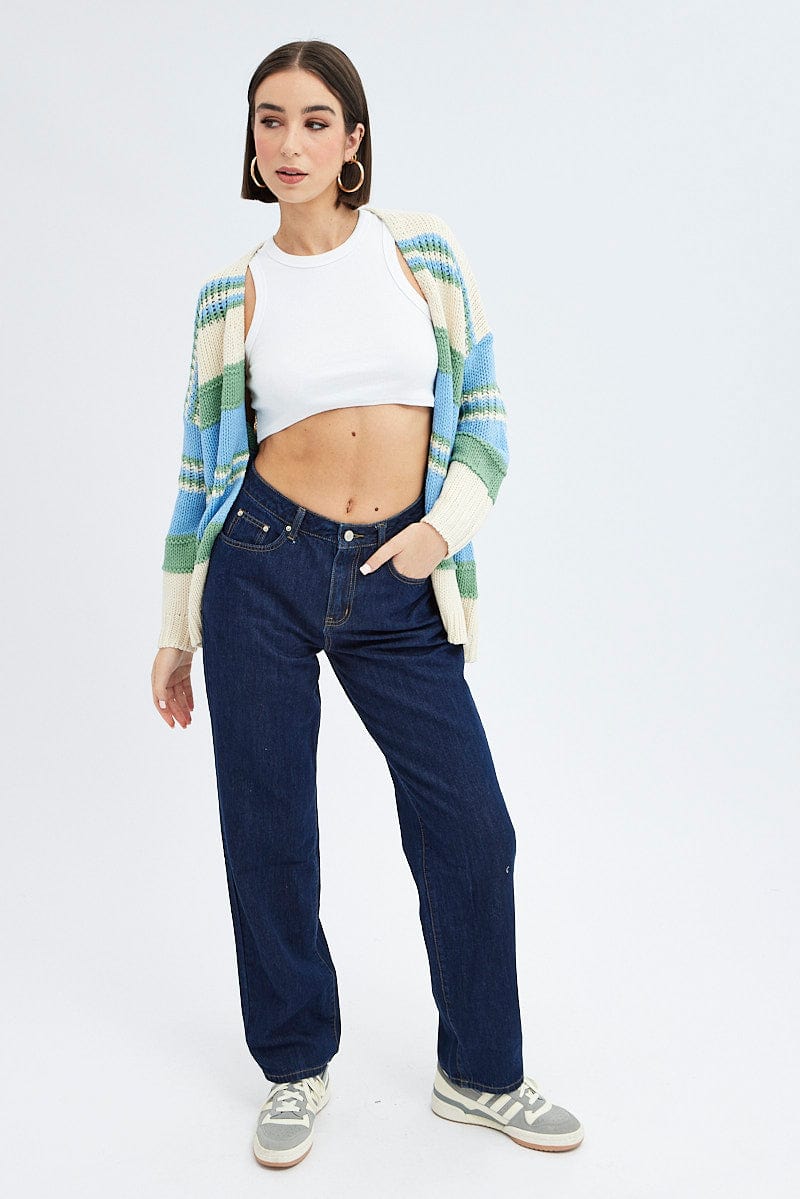 Blue Stripe Oversized Knit Cardigan for Ally Fashion