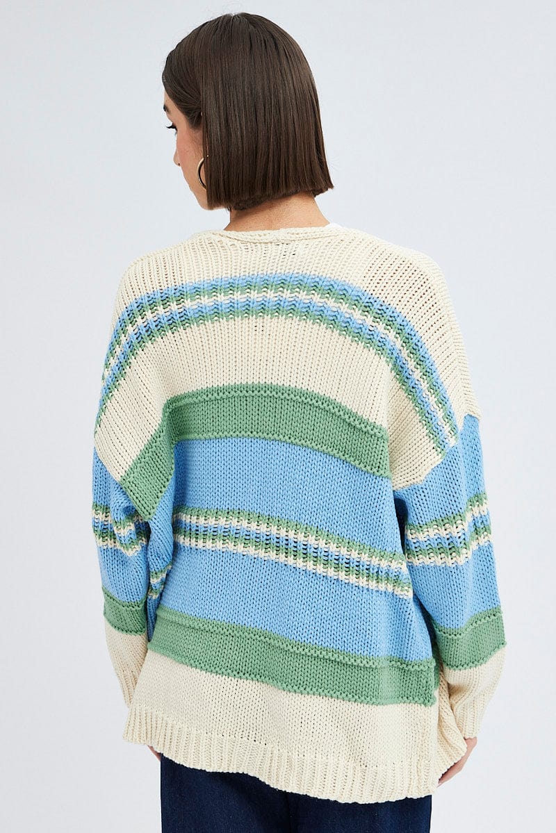 Blue Stripe Oversized Knit Cardigan for Ally Fashion