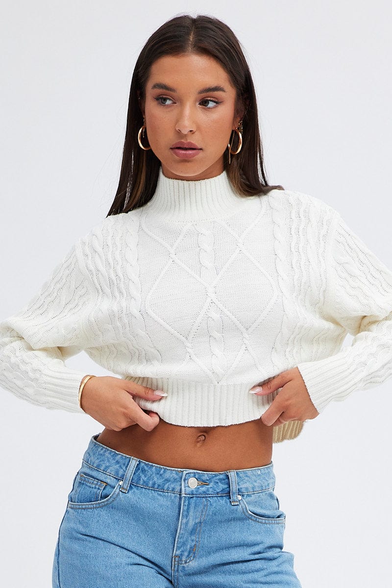 White Knit Jumper Long Sleeve Cabled Crop