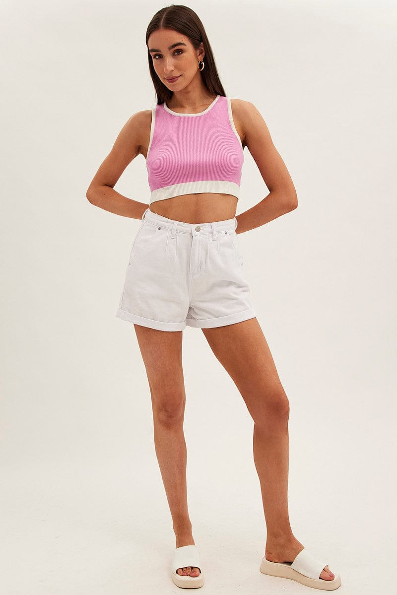 Pink Crop Top Knit Contrast Binding for Ally Fashion