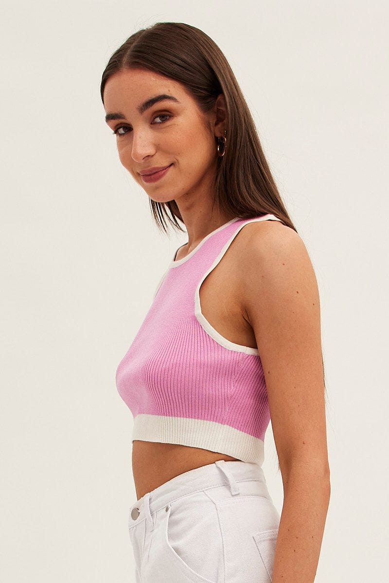 Pink Crop Top Knit Contrast Binding for Ally Fashion