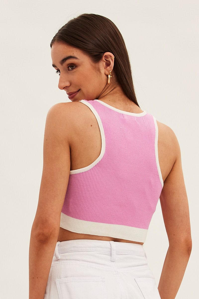 Pink Crop Top Knit Contrast Binding for Ally Fashion