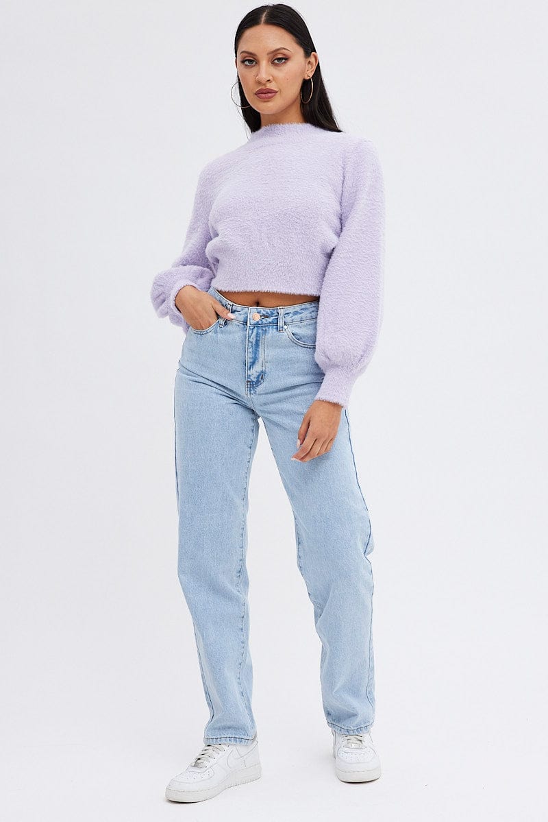 Purple Fluffy Knit Jumper Long Sleeve | Ally Fashion