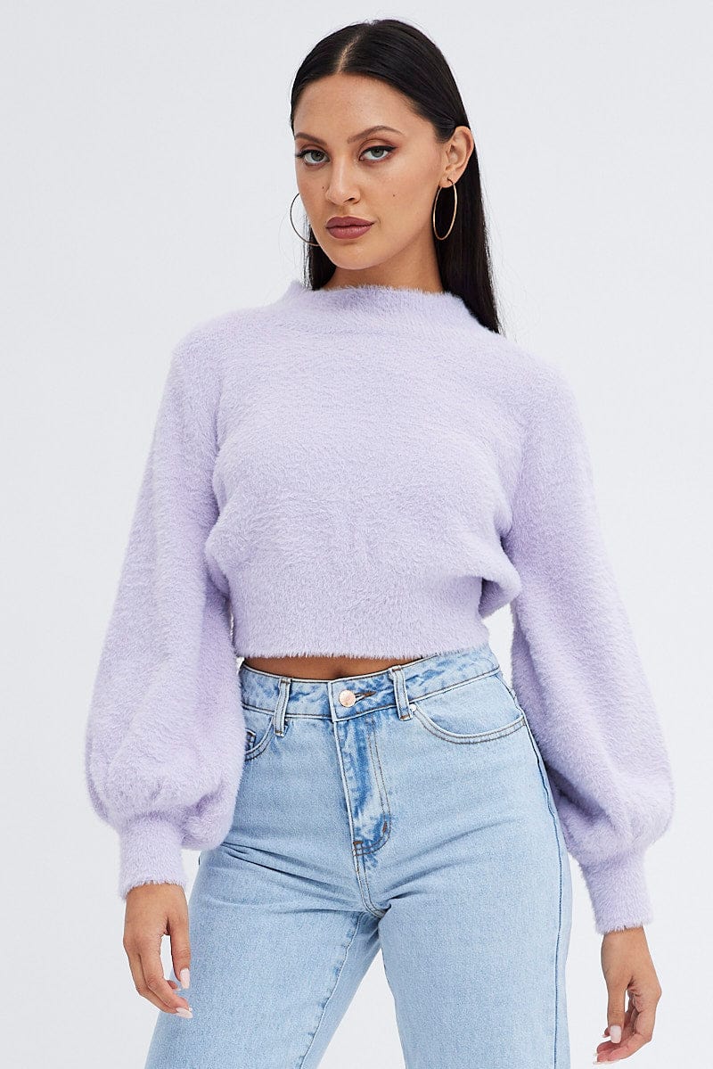 Purple Fluffy Knit Jumper Long Sleeve for Ally Fashion