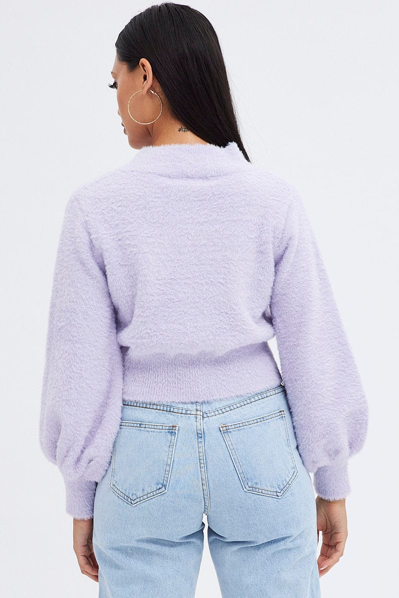 Purple Fluffy Knit Jumper Long Sleeve for Ally Fashion