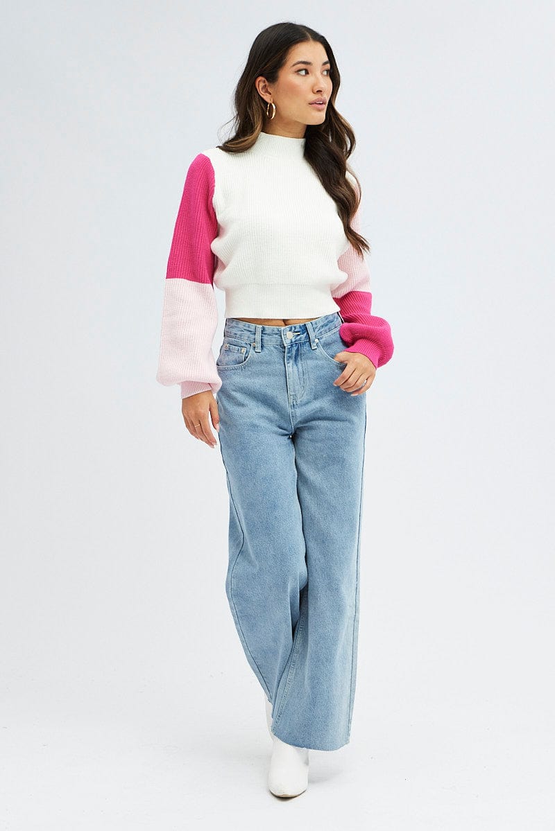 Pink Knit Jumper Colour Block Ally Fashion