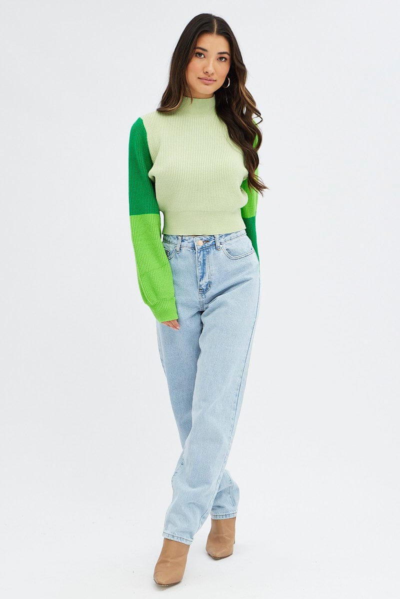 Green Knit Jumper Colour Block for Ally Fashion