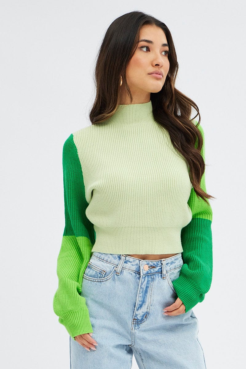 Green Knit Jumper Colour Block for Ally Fashion