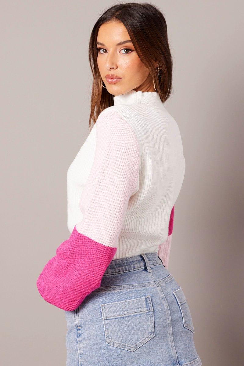 Pink Knit Top Long Sleeve Color Block for Ally Fashion