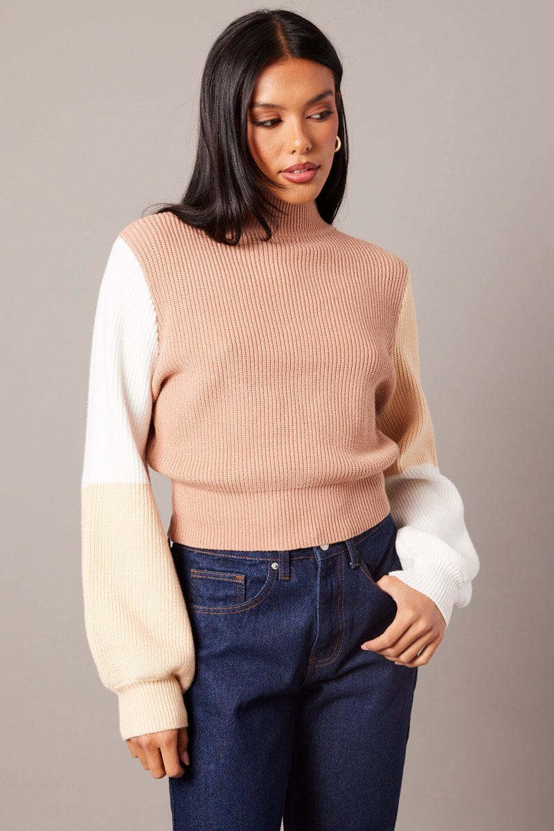 Beige Knit Top Long Sleeve Color Block for Ally Fashion