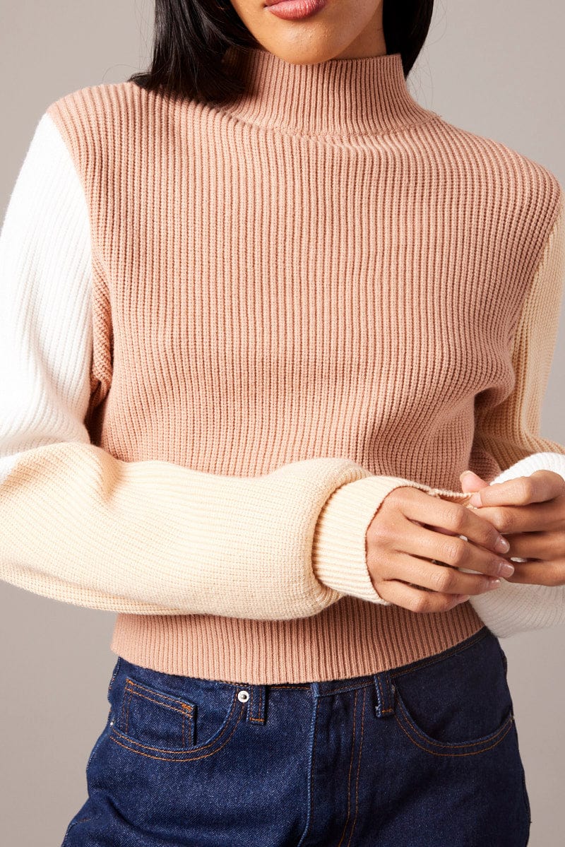 Beige Knit Top Long Sleeve Color Block | Ally Fashion