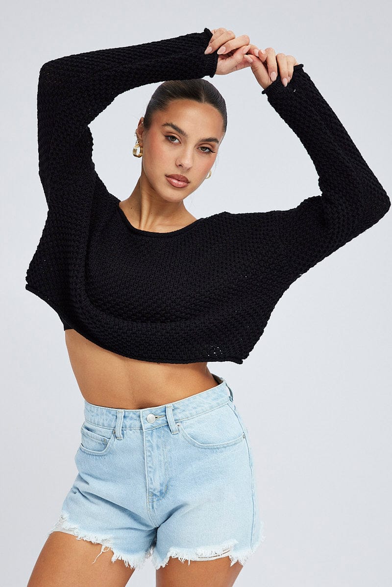Black Knit Top Long Sleeve Crew Neck Ally Fashion