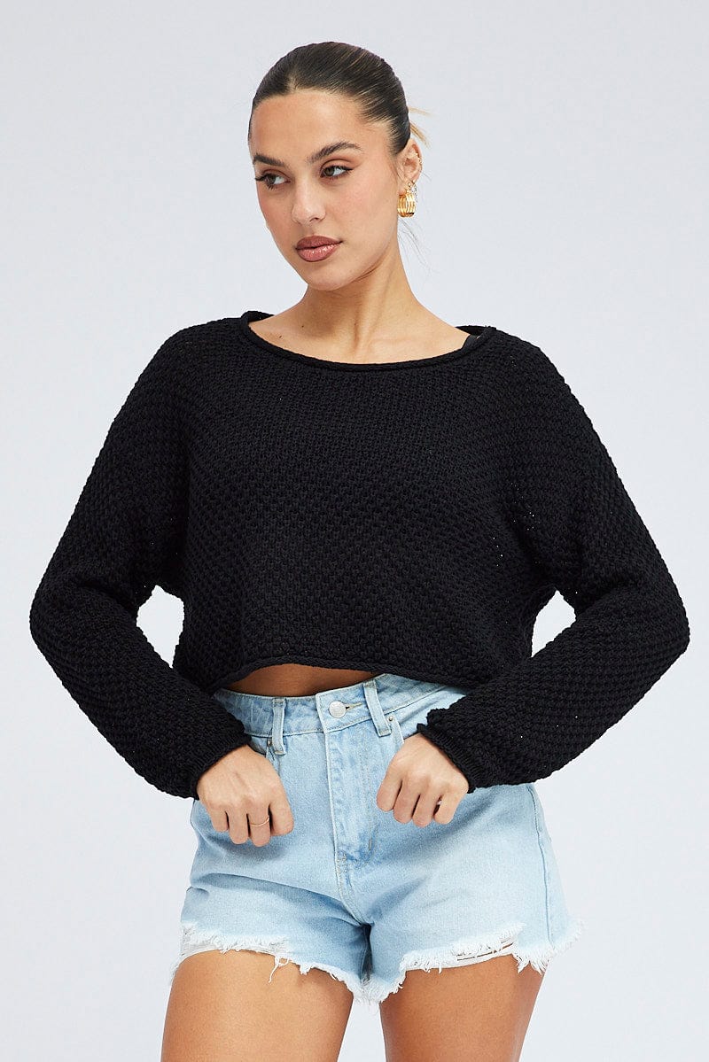 Black Knit Top Long Sleeve Crew Neck for Ally Fashion