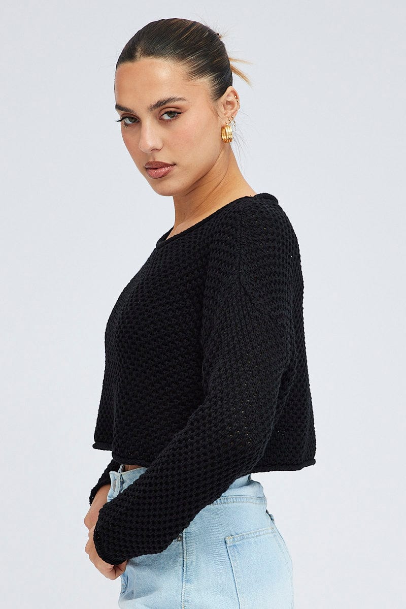 Black Knit Top Long Sleeve Crew Neck for Ally Fashion