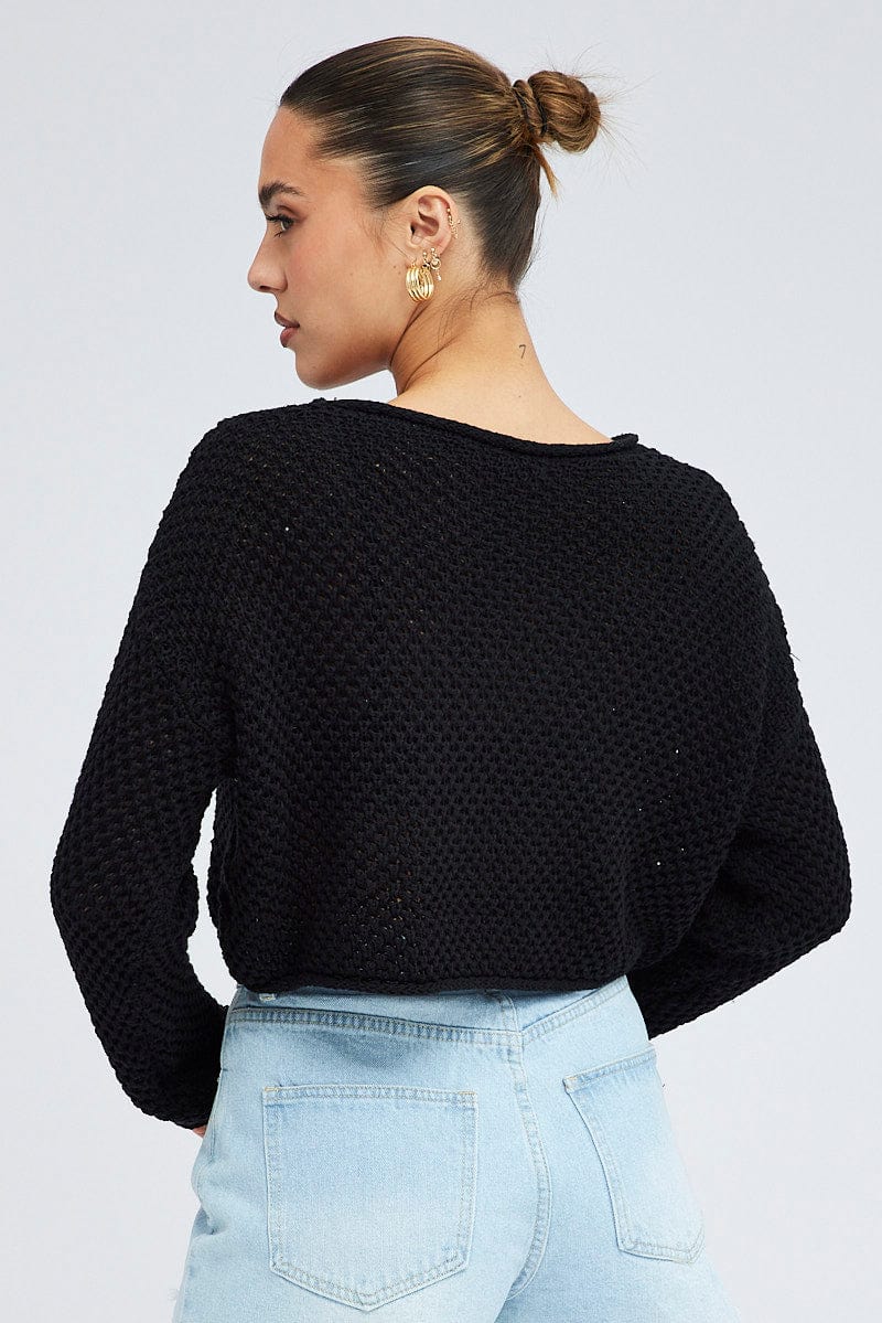 Black Knit Top Long Sleeve Crew Neck for Ally Fashion