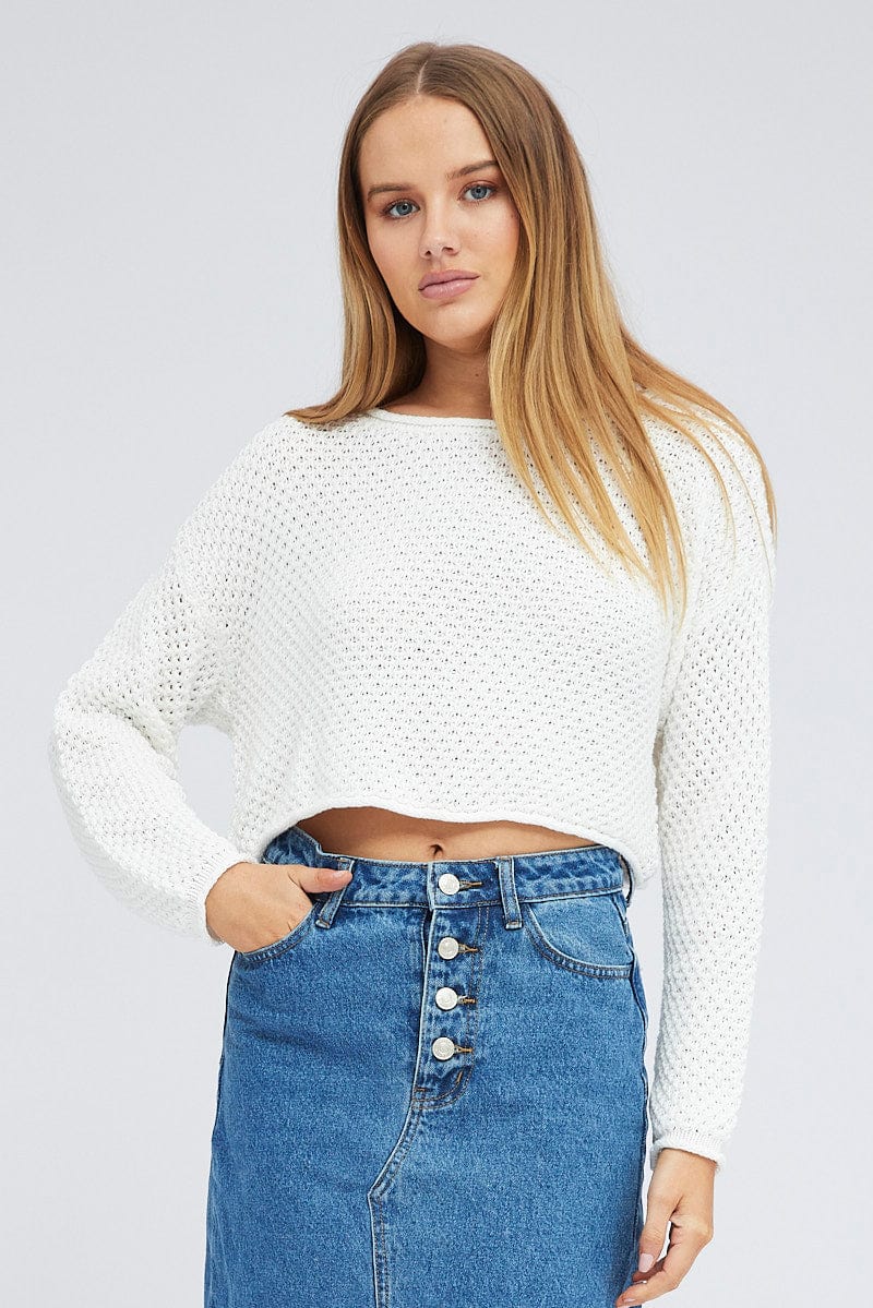 White Knit Top Long Sleeve Crew Neck for Ally Fashion