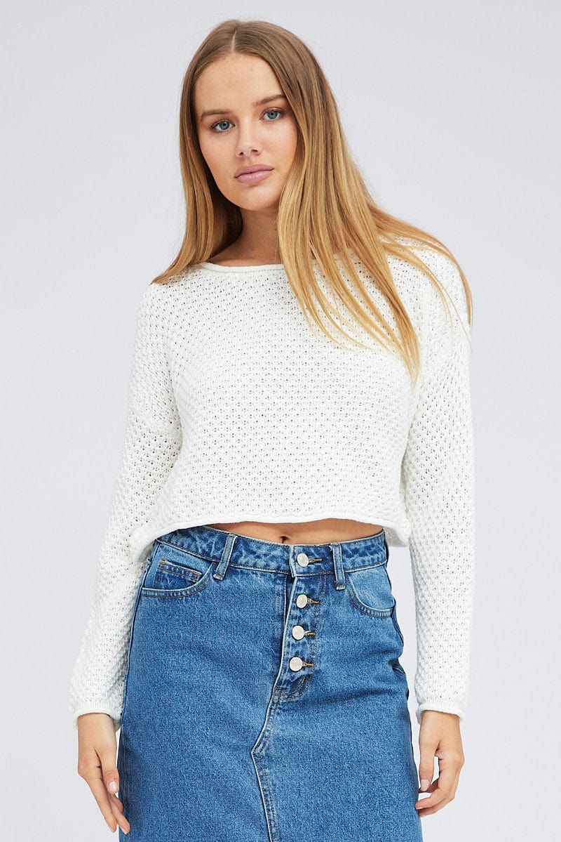 White Knit Top Long Sleeve Crew Neck for Ally Fashion