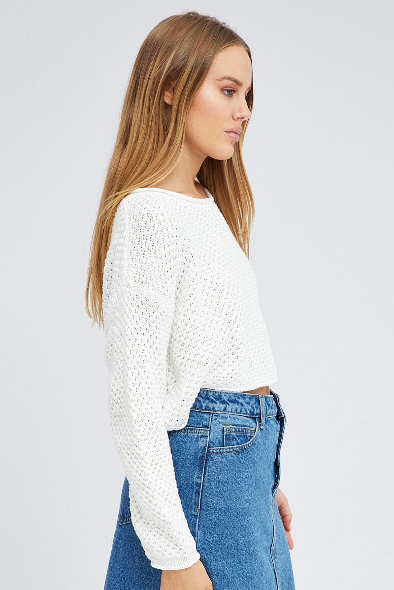 White Knit Top Long Sleeve Crew Neck for Ally Fashion